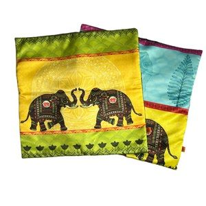 Colorful Satiny Throw Pillow Covers Cases India Asia Elephants Zipper, Set of 2